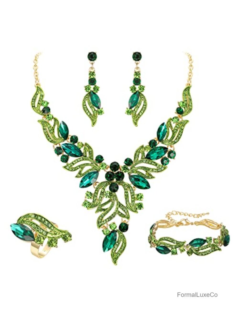 Crystal Leaf Cluster Y-Shaped Necklace Earrings Bracelet Ring Set Prom Jewelry